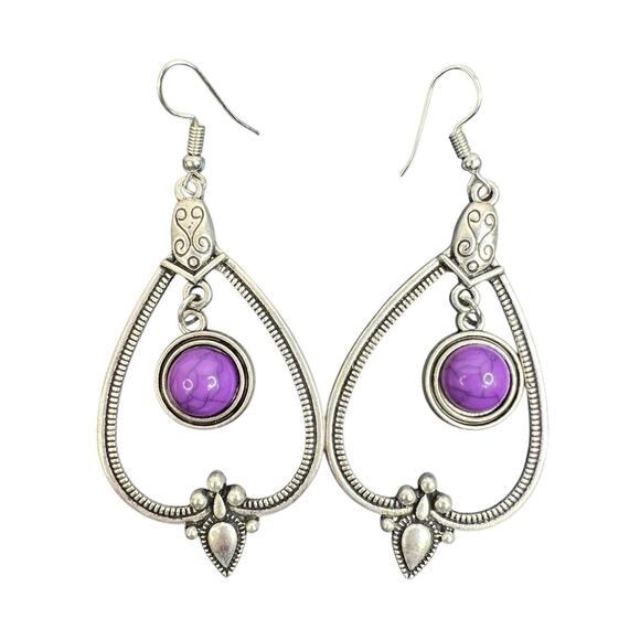 Teardrop Earrings Boho Silver Tone Ethnic Purple Stone Ethereal Emblem Purple - Picture 1 of 10